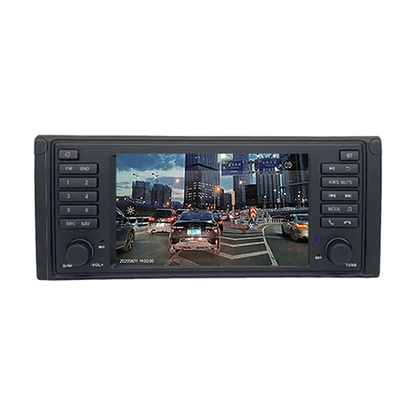 7 inch Android head unit showing dash cam footage on screen, black faceplate for BMW 5 Series E39, front view