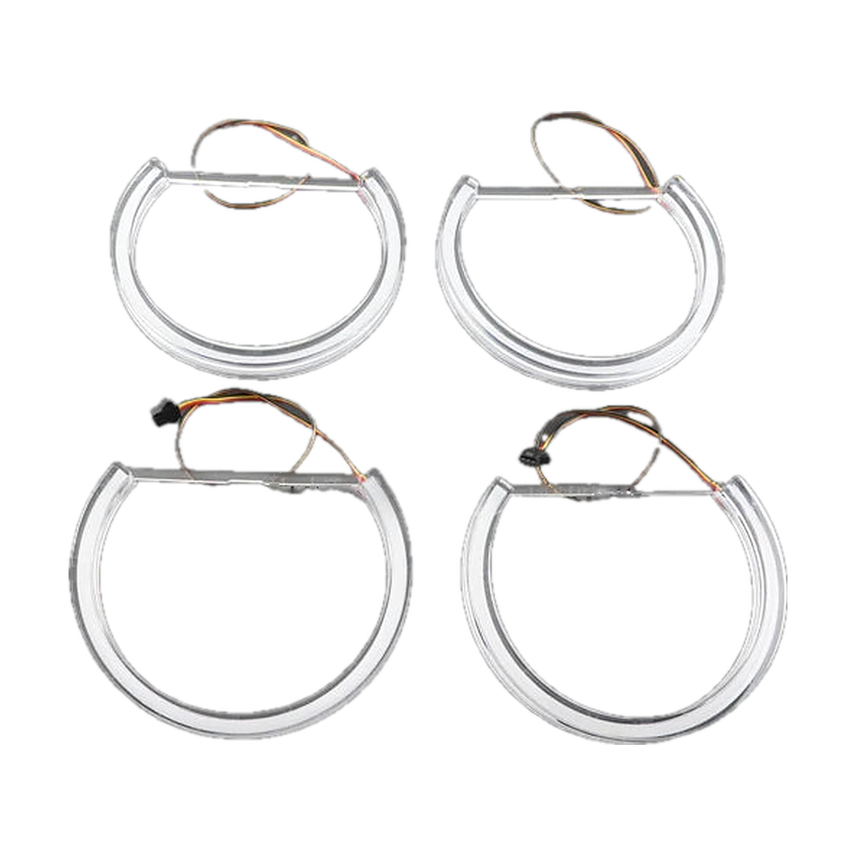 Four clear LED angel eye rings with connector leads, laid flat, for BMW E36 / E38 / E39 / E46