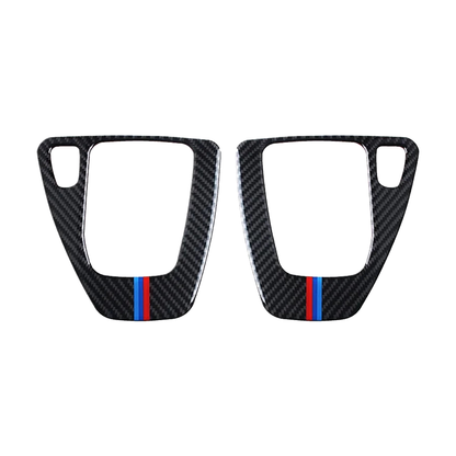 Carbon fiber gear shift panel frame, front view, for BMW 3 Series E90, E92, E93 (2005-2012)