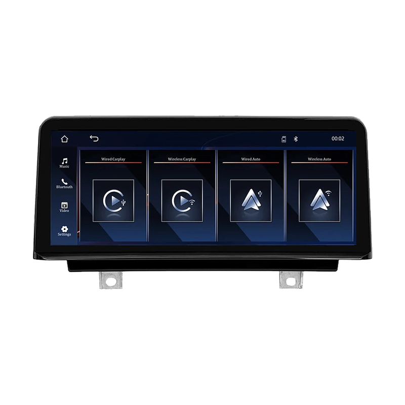 10.25 inch wireless CarPlay screen, front view of the home menu with mounting brackets, for BMW F20, F22, F30, F32 NBT