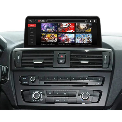 10.25 inch screen fitted in the dashboard playing YouTube, for BMW F20, F22, F30, F32 NBT