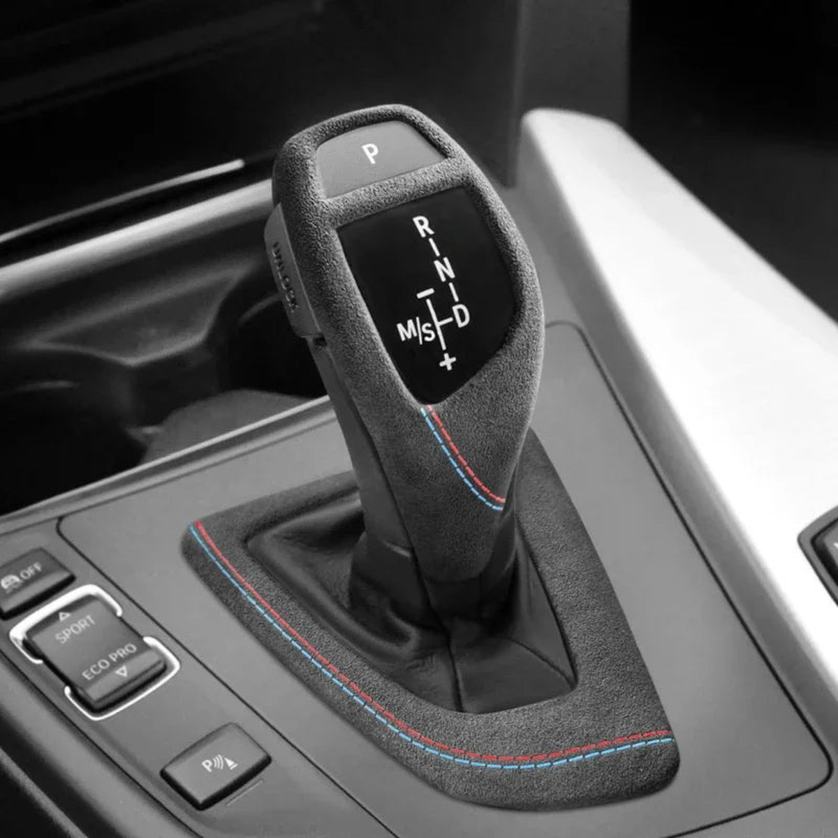 Suede-look gear selector cover installed in a BMW center console, for BMW F20, F30, F32, F10, F15, F25 (2009-2021)