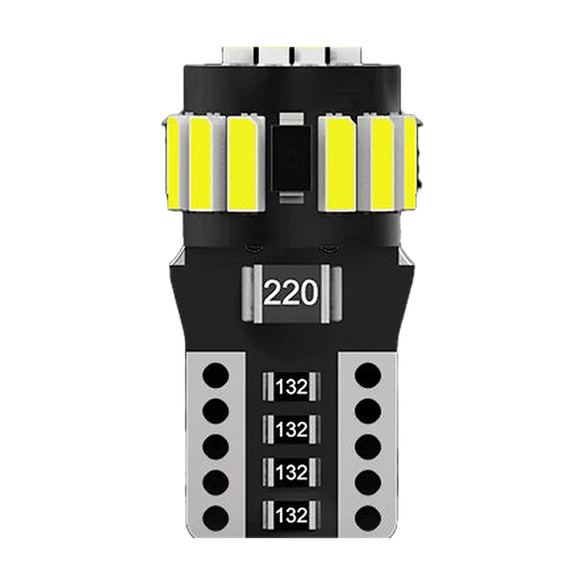 T10 W5W Canbus LED bulb, straight front view of chips and wedge base, universal fit for BMW