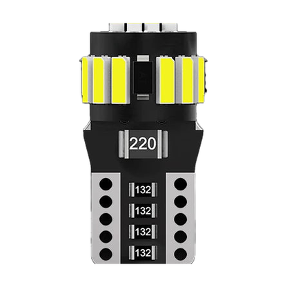 T10 W5W Canbus LED bulb, straight front view of chips and wedge base, universal fit for BMW
