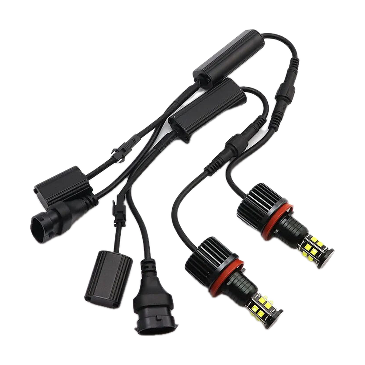 Pair of 6000K white LED angel eye marker bulbs with black decoder cables for BMW E90, E60, E70, E87, E89