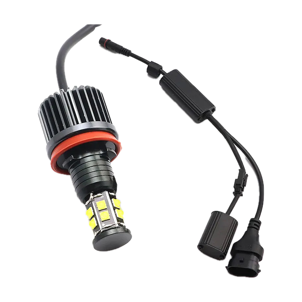 Single 6000K white LED angel eye marker bulb with finned heatsink and decoder cable for BMW E90, E60, E70, E87, E89