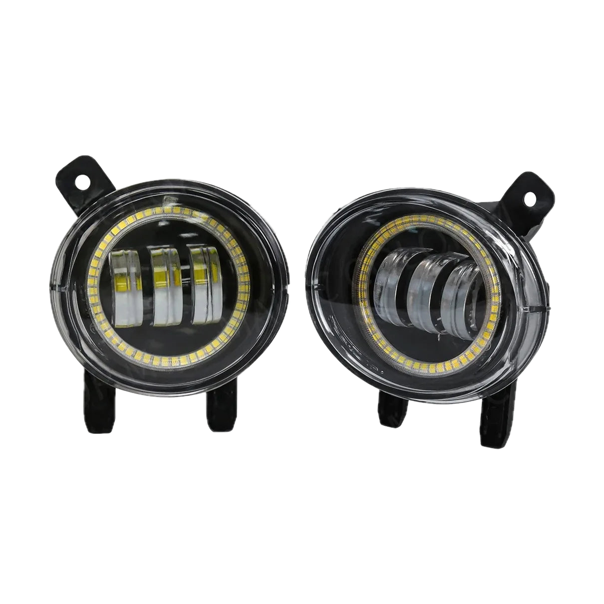 LED fog light pair with halo ring angel eyes, front view, for BMW F20 / F22 / F30 / F32 / F34 / F45