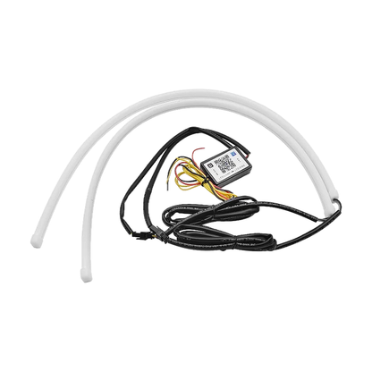 Pair of white silicone RGB LED DRL strips with Bluetooth app controller and wiring, universal fit for BMW