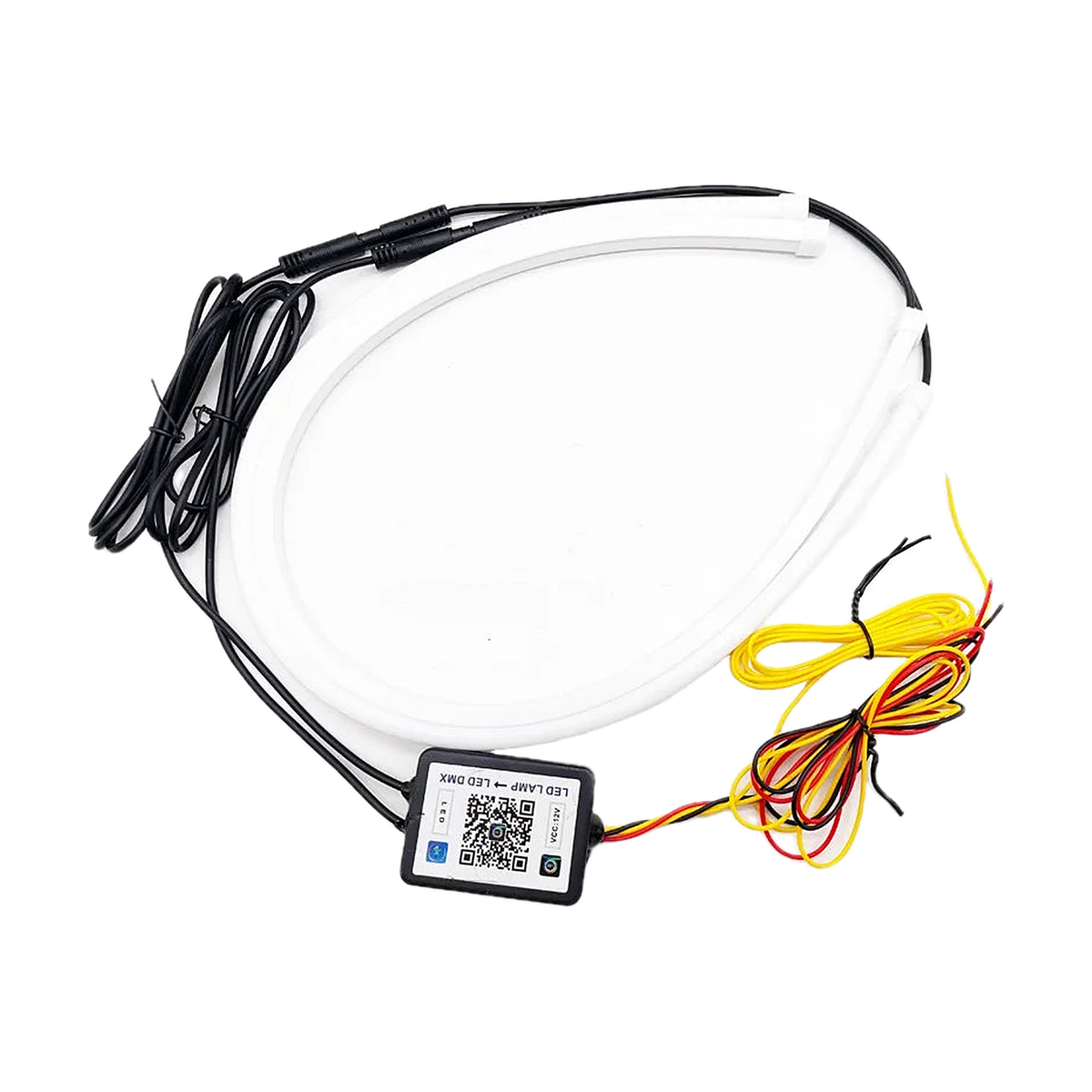 RGB LED DRL strip pair coiled with app control box, connectors and power leads, universal fit for BMW