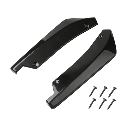 Gloss black rear bumper corner splitters, pair with mounting screws, top view, universal fit for BMW