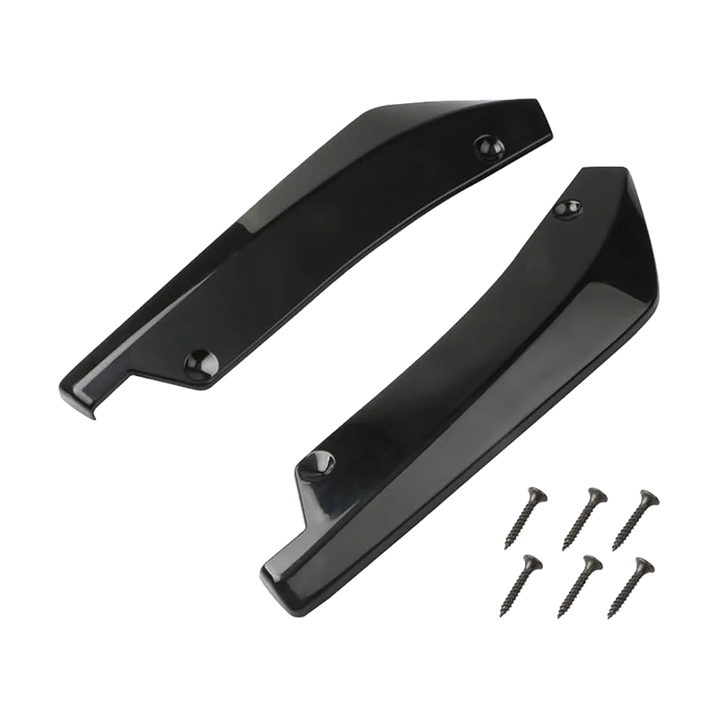 Gloss black rear bumper corner splitters, pair with mounting screws, top view, universal fit for BMW