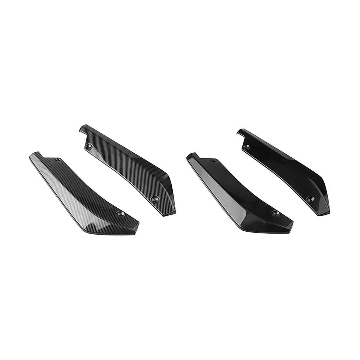 Carbon fiber look and gloss black rear bumper corner splitter pairs side by side, universal fit for BMW