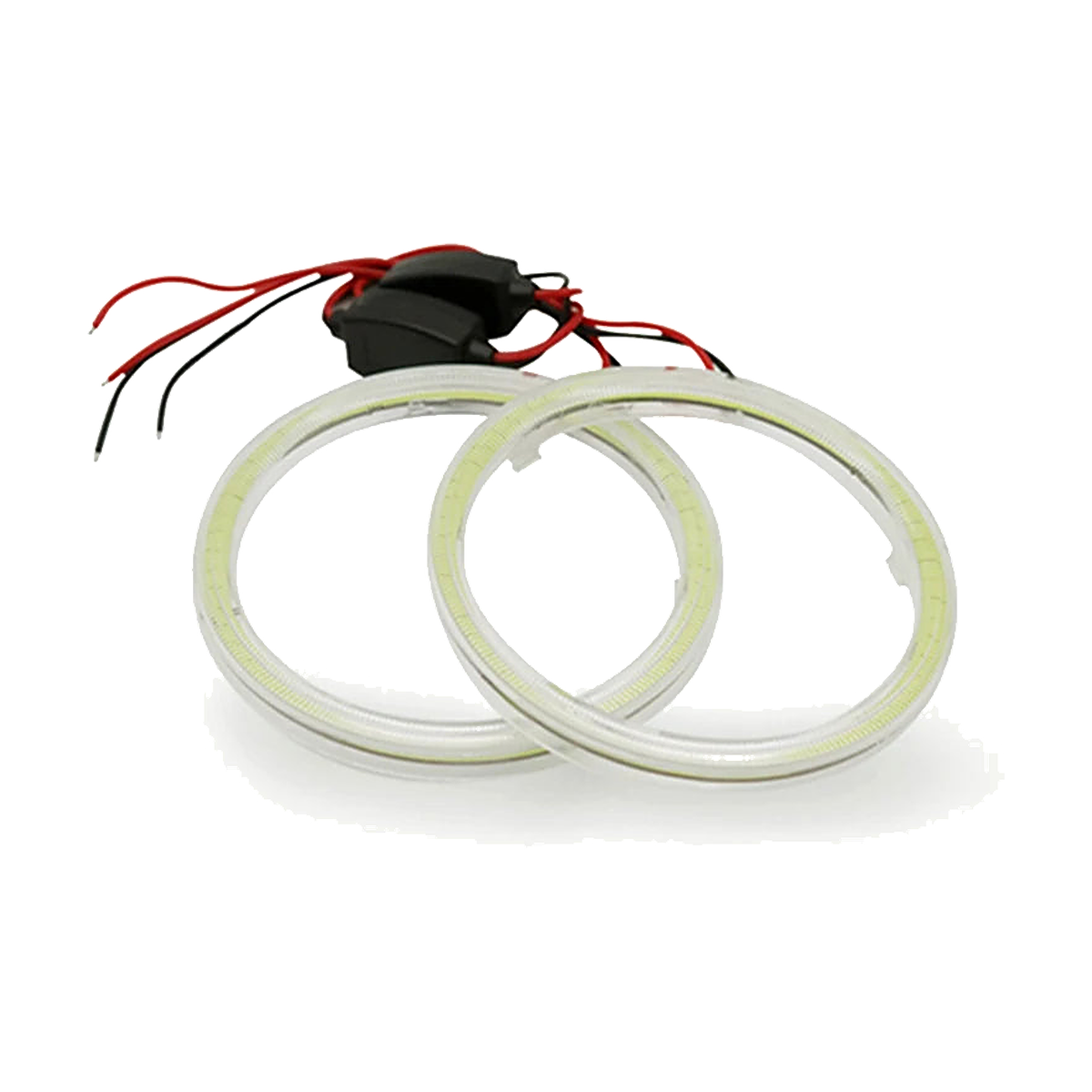White COB LED halo ring pair with wiring harness, angled view for BMW