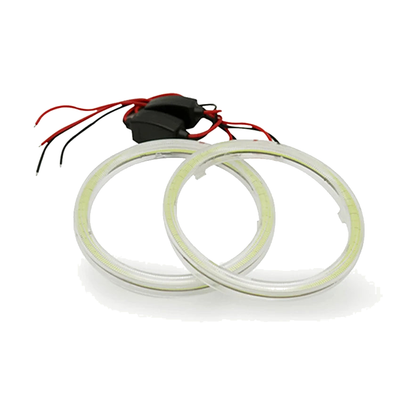 White COB LED halo ring pair with wiring harness, angled view for BMW