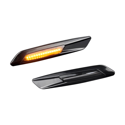 Pair of smoked LED side marker indicators, one lit amber and one unlit, for BMW E90 / E60 / E82 / E87 / E84