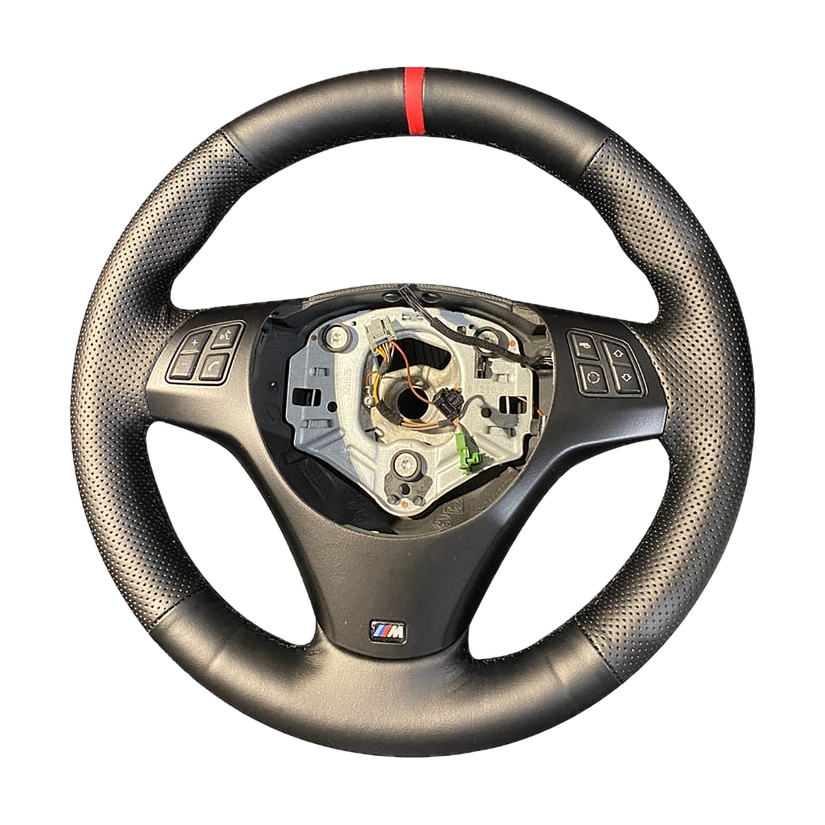 Black leather stitch on steering wheel cover fitted on an M Sport wheel, front view, for BMW E87 / E90 / E92 / E84