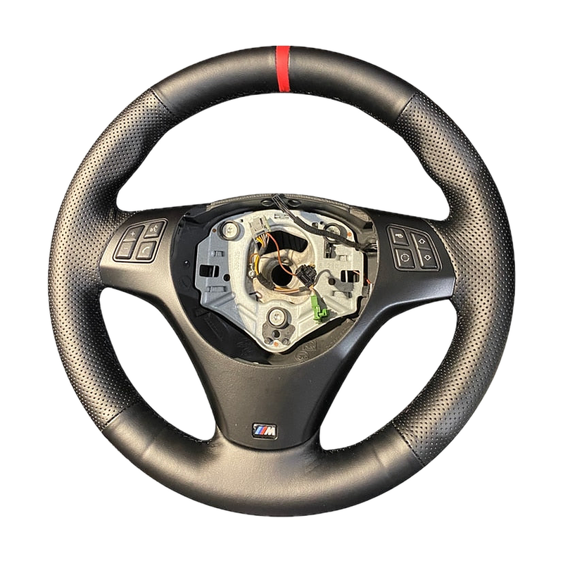 Black leather stitch on steering wheel cover fitted on an M Sport wheel, front view, for BMW E87 / E90 / E92 / E84