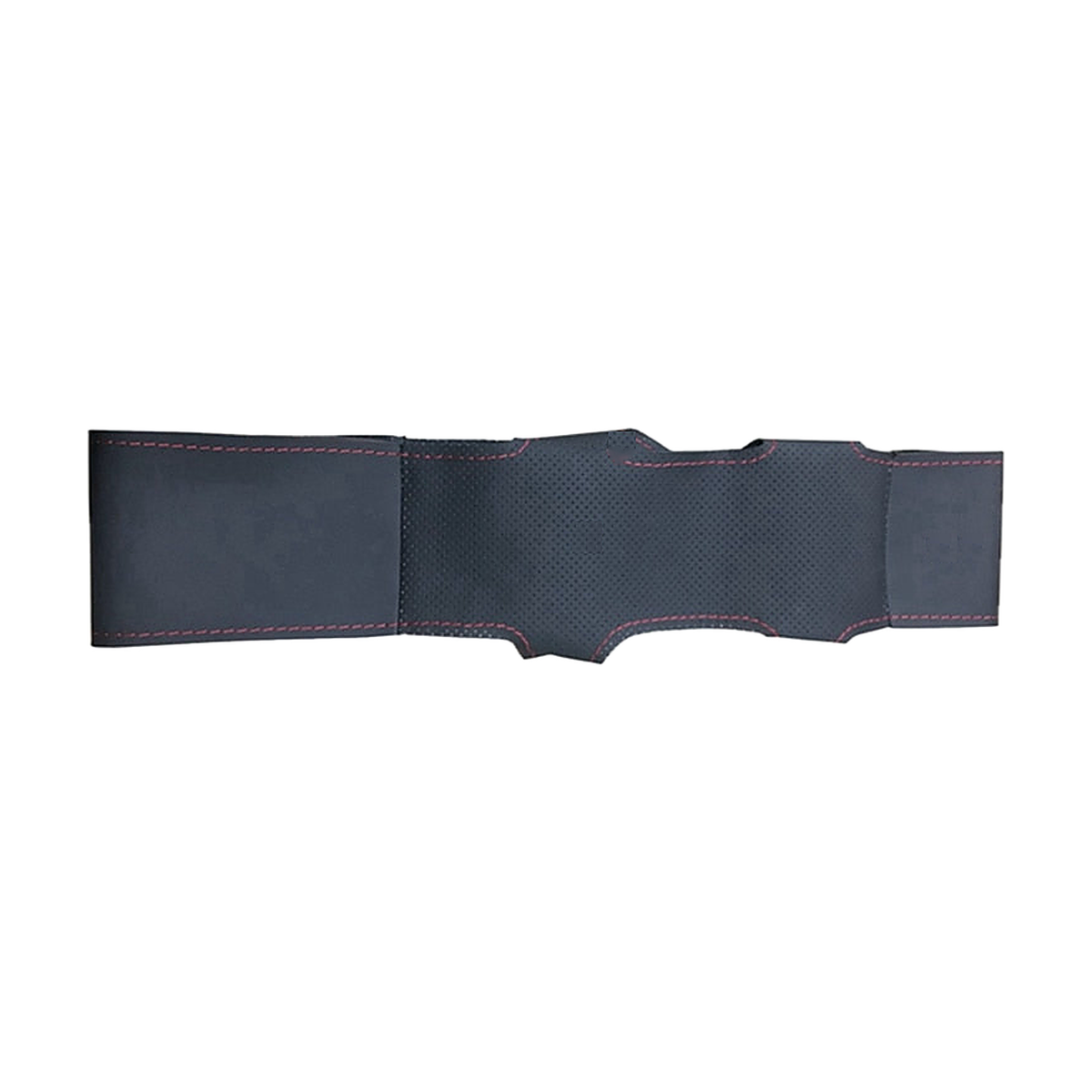 Unsewn black leather steering wheel cover with perforated grip panels, flat view, for BMW E87 / E90 / E92 / E84