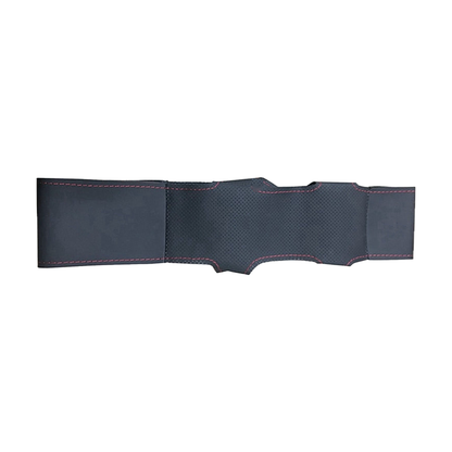 Unsewn black leather steering wheel cover with perforated grip panels, flat view, for BMW E87 / E90 / E92 / E84
