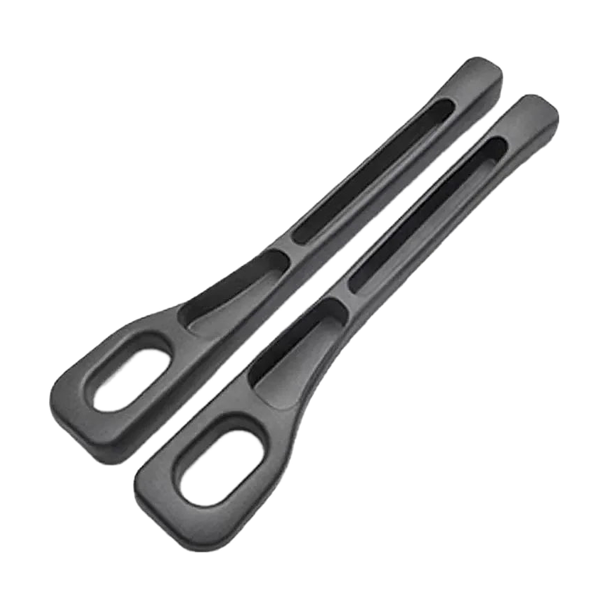 Black PU seat gap filler strips, pair, angled view, universal fit for BMW