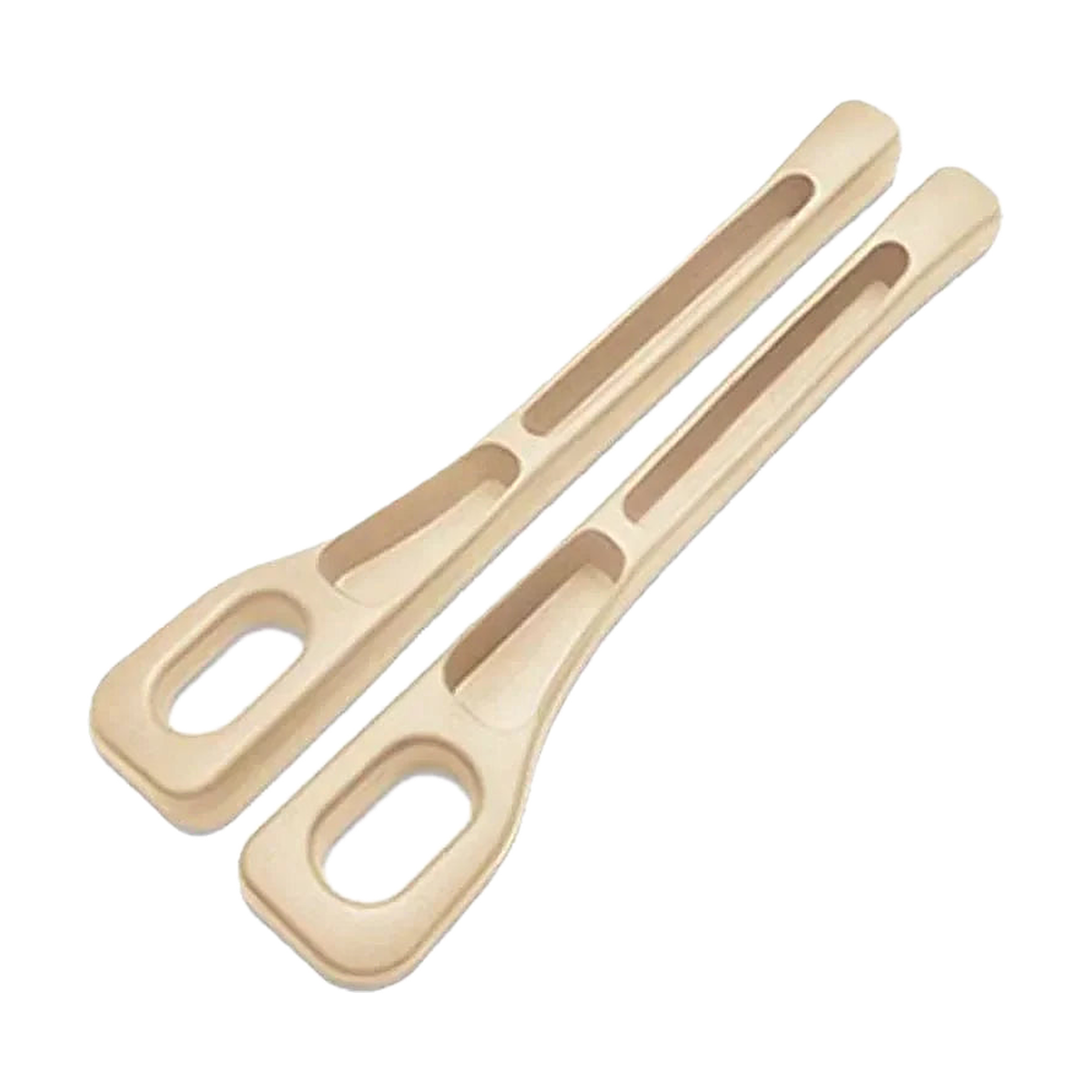 Beige PU seat gap filler strips, pair, angled view (White option), universal fit for BMW