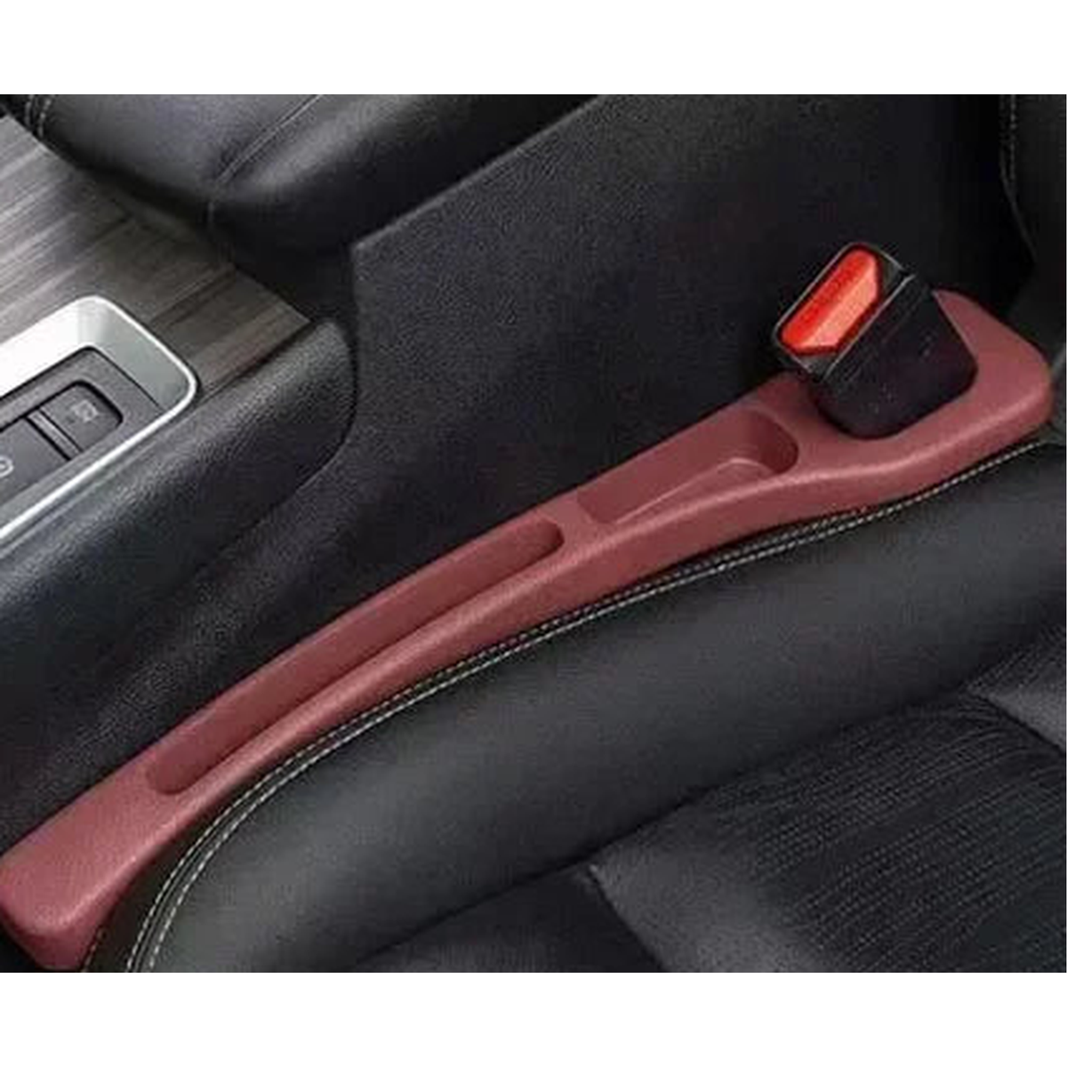 Red PU seat gap filler fitted between seat and console, belt buckle through the slot, universal fit for BMW