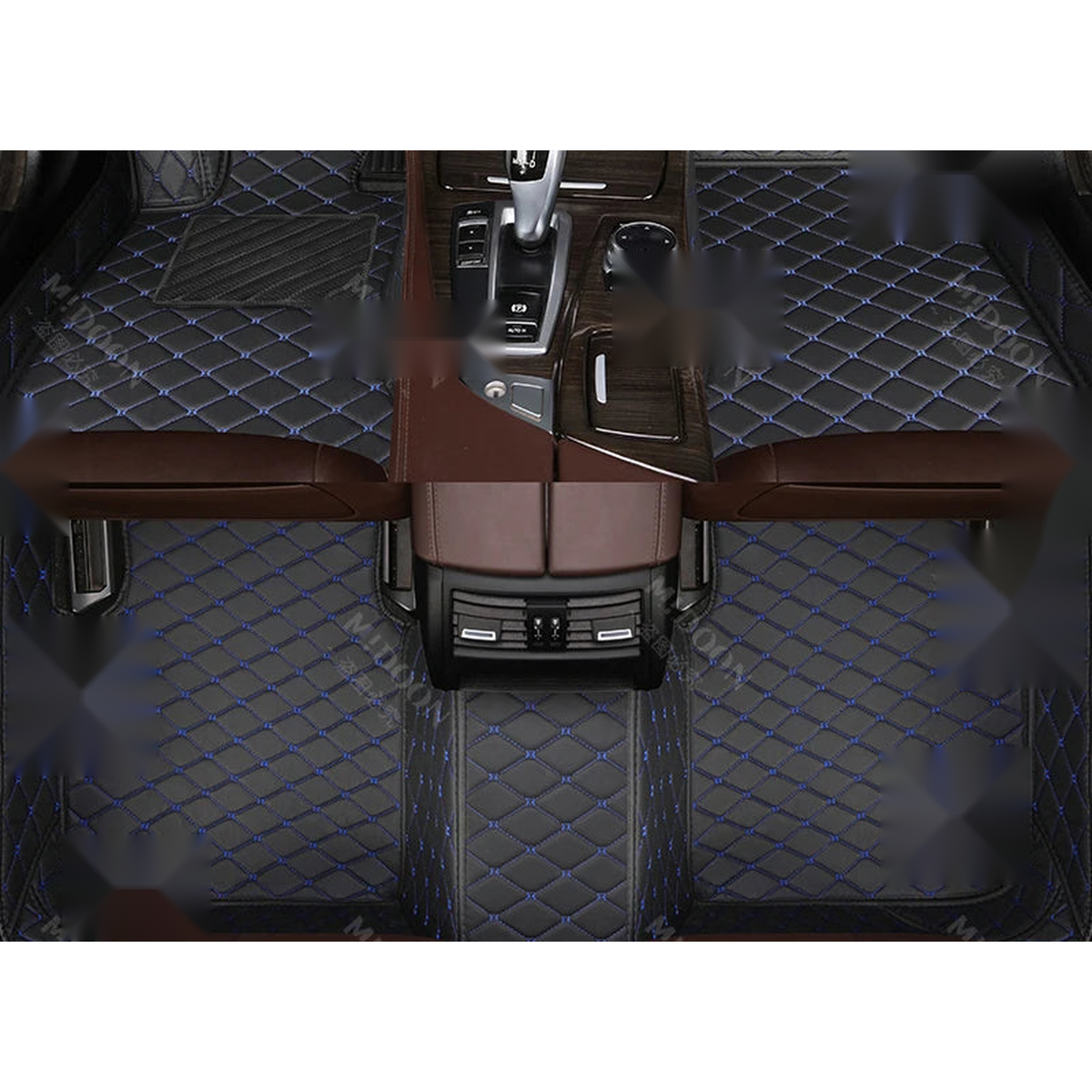 Black floor mats with blue trim, front and rear set, for BMW iX (2021-2023)