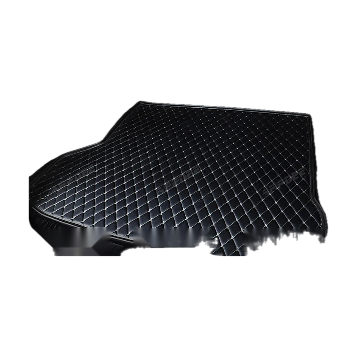Black trunk mat with beige trim, angled view, for BMW iX (2021-2023)