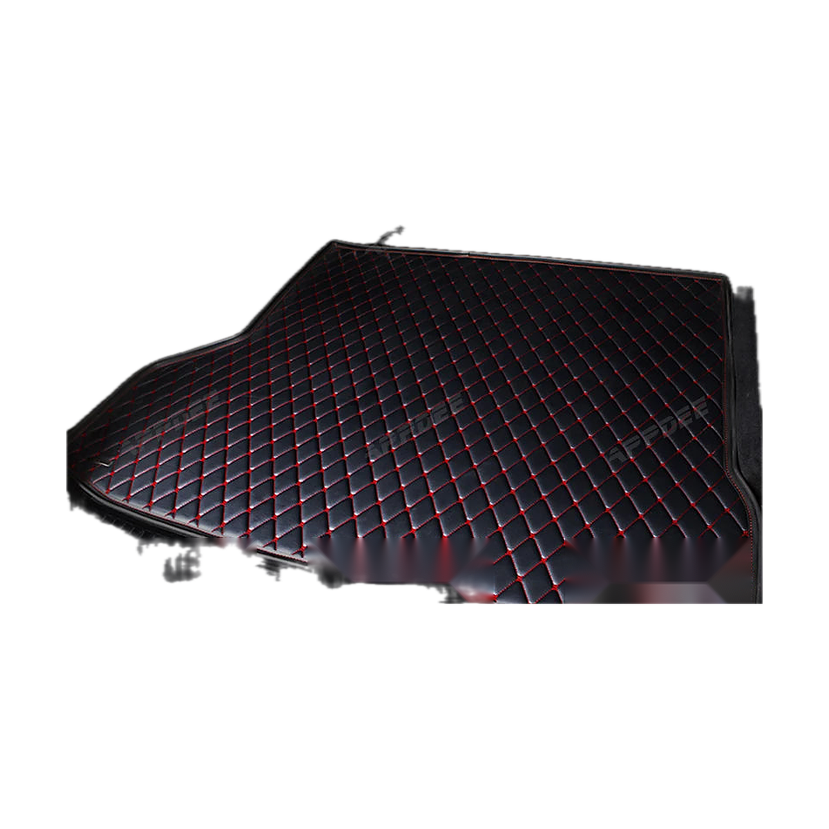 Black trunk mat with red stitching, angled view, for BMW iX (2021-2023)