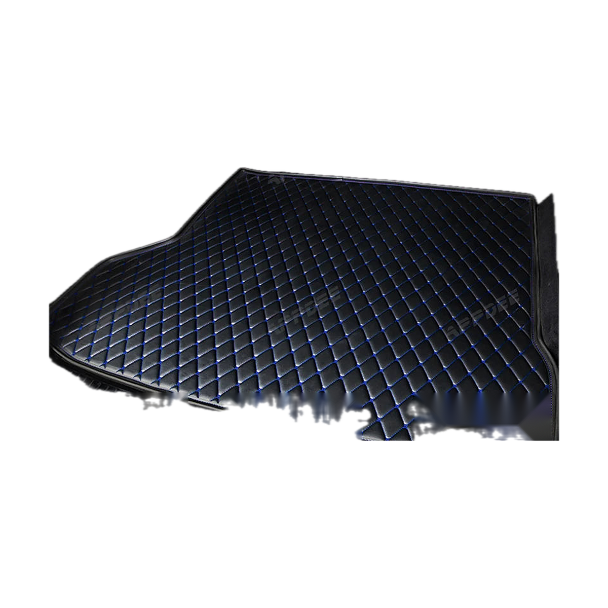 Black trunk mat with blue stitching, angled view, for BMW iX (2021-2023)