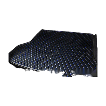 Black trunk mat with blue stitching, angled view, for BMW iX (2021-2023)