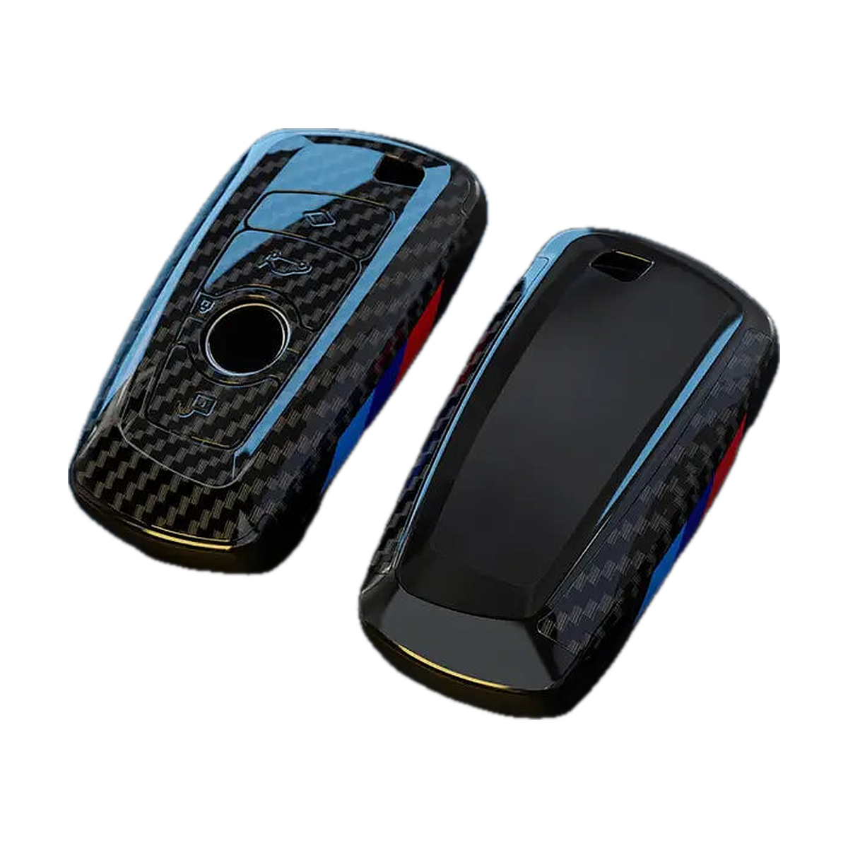 Carbon fiber look key fob cover pair, front and back shells, for BMW F Series F10, F15, F20, F22, F25, F30, F32, F48