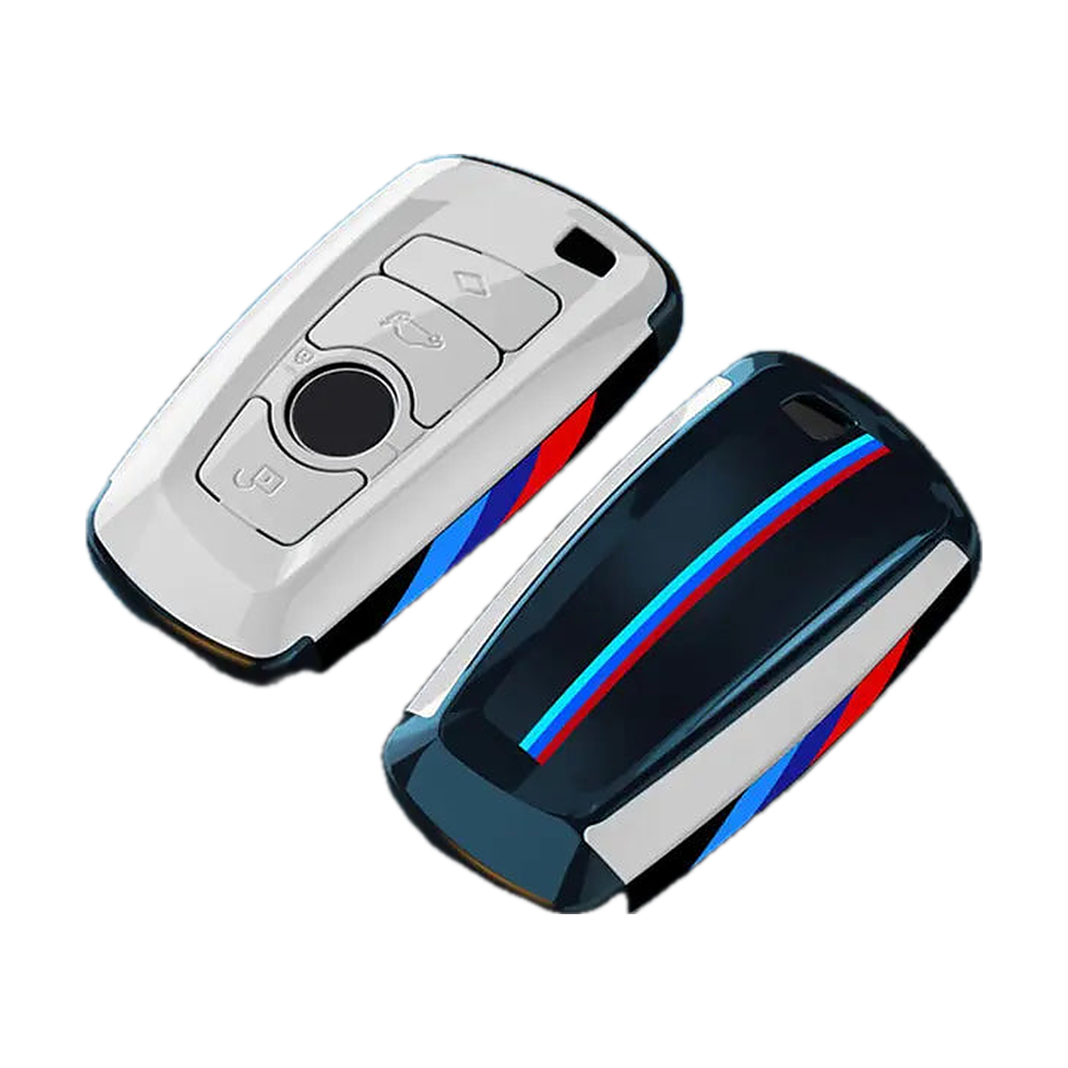 Silver key fob cover with M stripe, front and back shells, for BMW F Series F10, F15, F20, F22, F25, F30, F32, F48