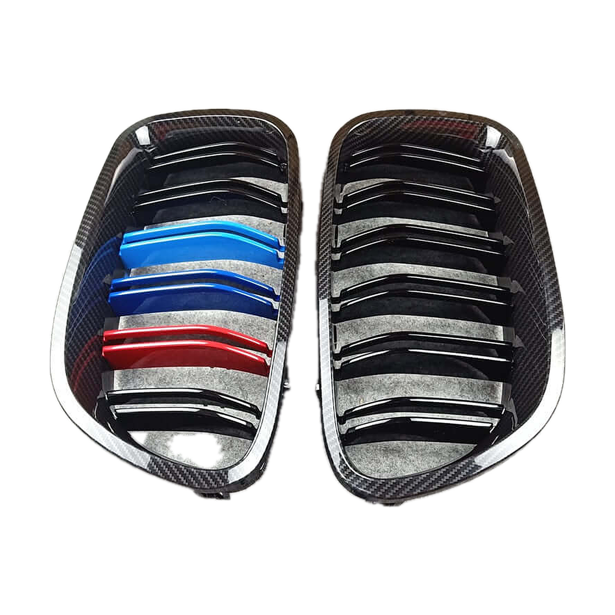 M5-Style Double-Slat Kidney Grilles for BMW 5 Series F10, F11, F18, Carbon Fiber, M Badge