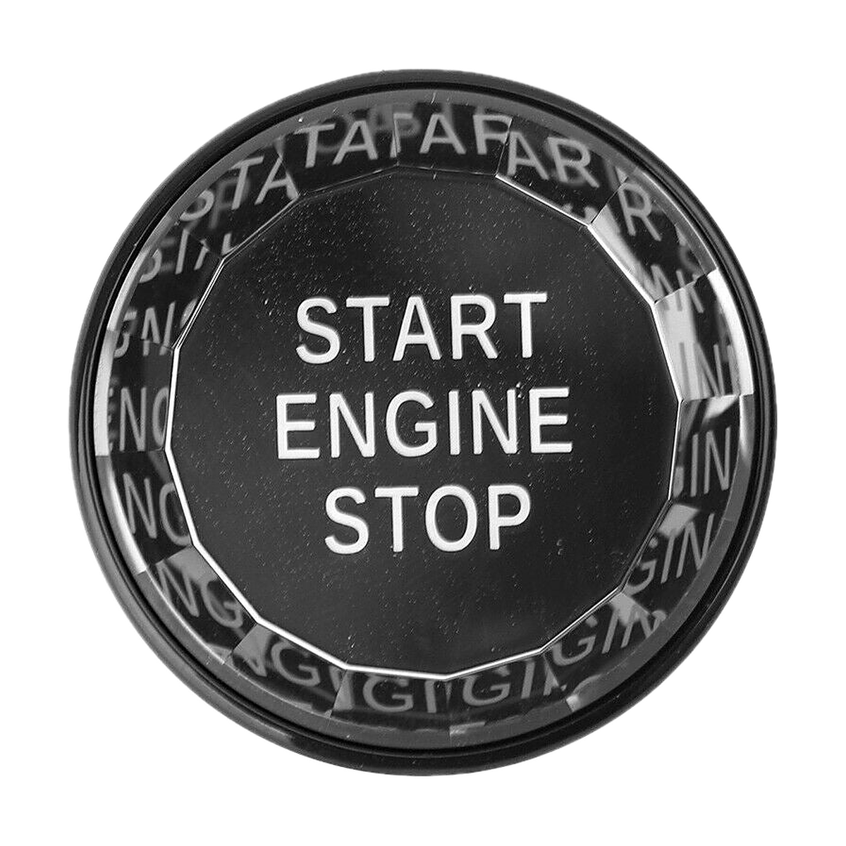 Crystal start stop button cover with black face and clear faceted ring, front view, for BMW E90 / E60 / F30 / F10 / G30