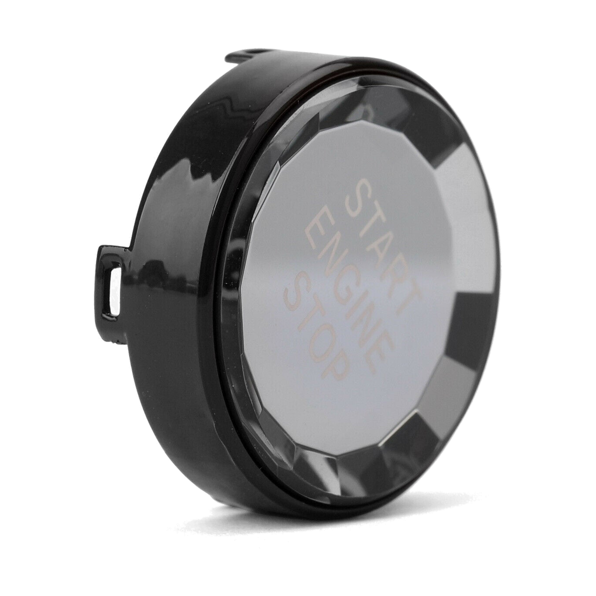 Crystal start stop button cover, side angle showing the faceted clear lens, for BMW E90 / E60 / F30 / F10 / G30