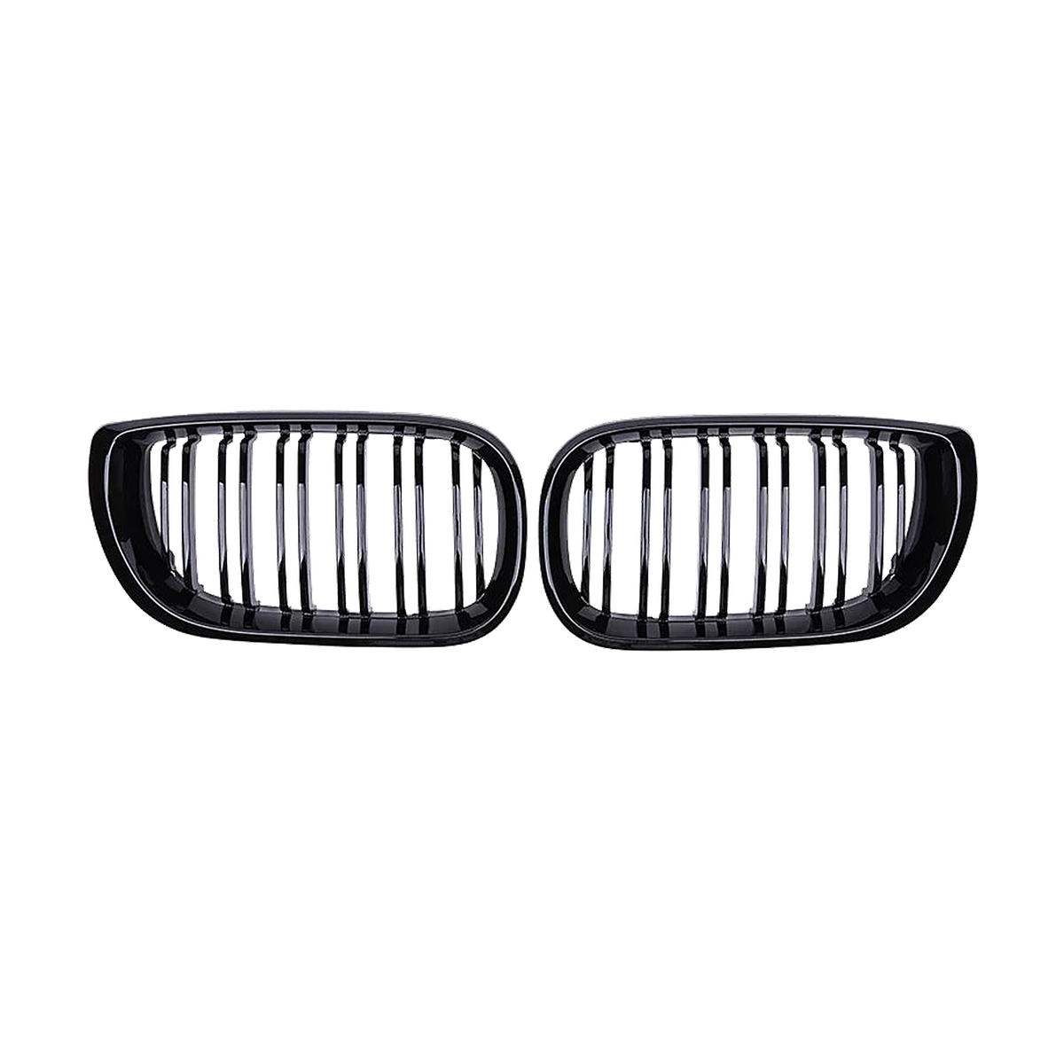 Gloss black double slat kidney grille pair, front view, for BMW E46 4-door 2002 to 2005