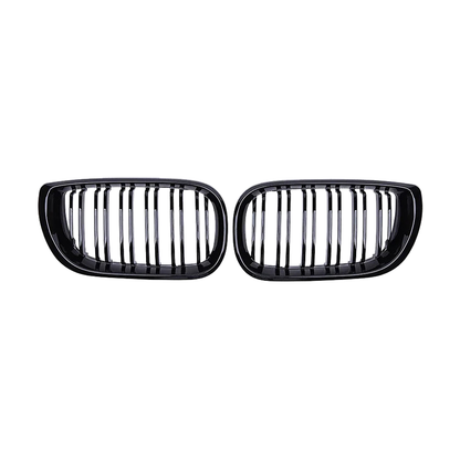 Gloss black double slat kidney grille pair, front view, for BMW E46 4-door 2002 to 2005