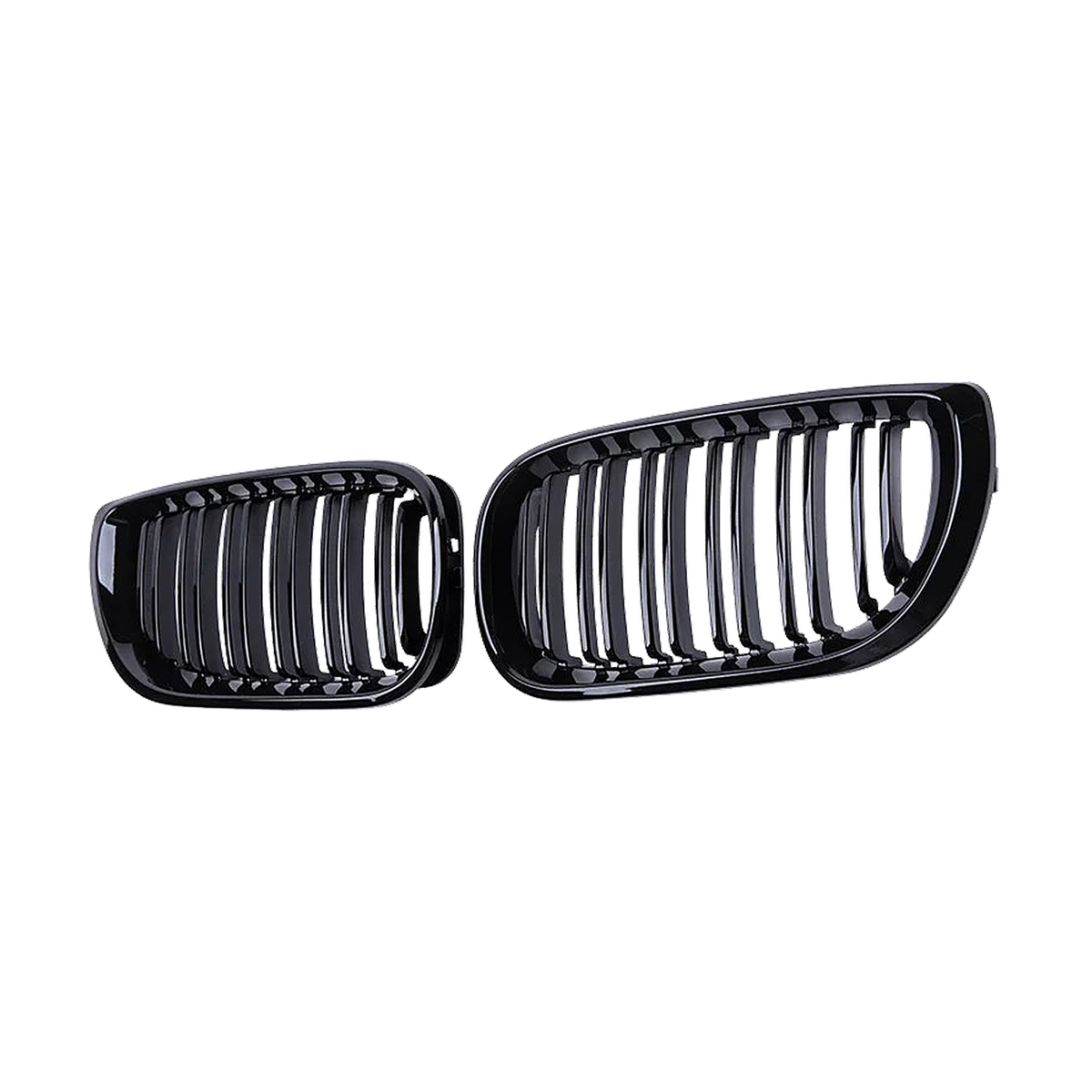 Gloss black double slat kidney grille pair, angled front view, for BMW E46 4-door 2002 to 2005