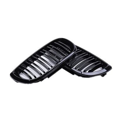 Gloss black double slat kidney grilles stacked, angled top view, for BMW E46 4-door 2002 to 2005