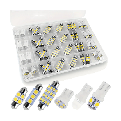 42 piece white interior LED bulb kit in its storage case with festoon and T10 bulbs, for BMW E53 / E60 / E90