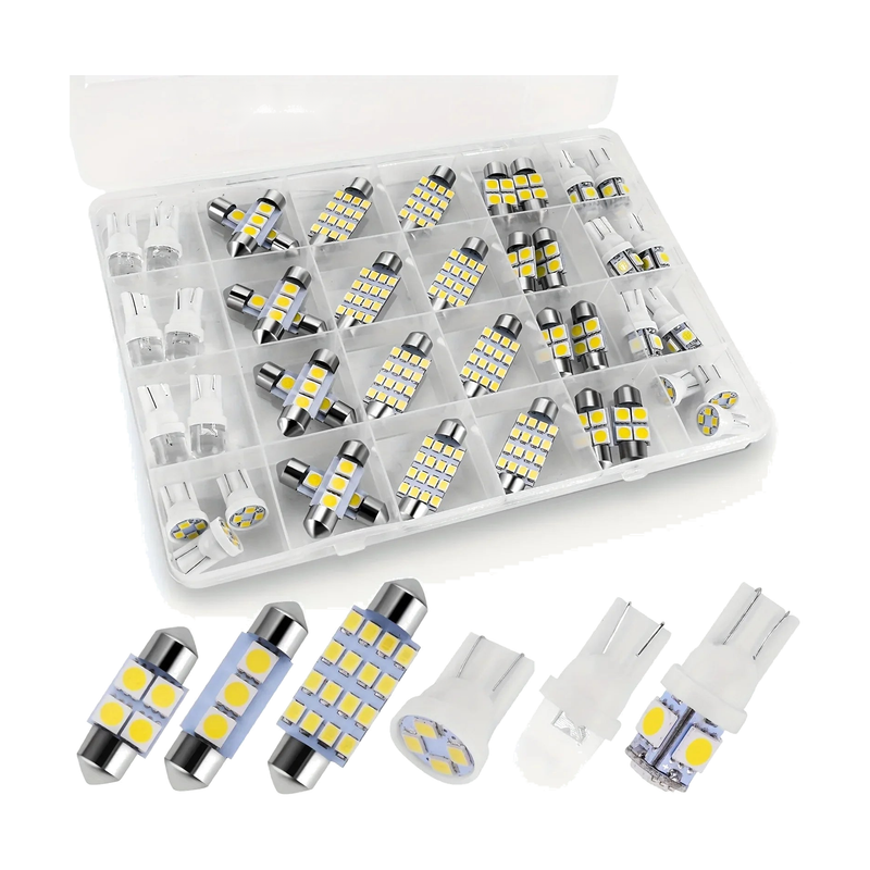 42 piece white interior LED bulb kit in its storage case with festoon and T10 bulbs, for BMW E53 / E60 / E90