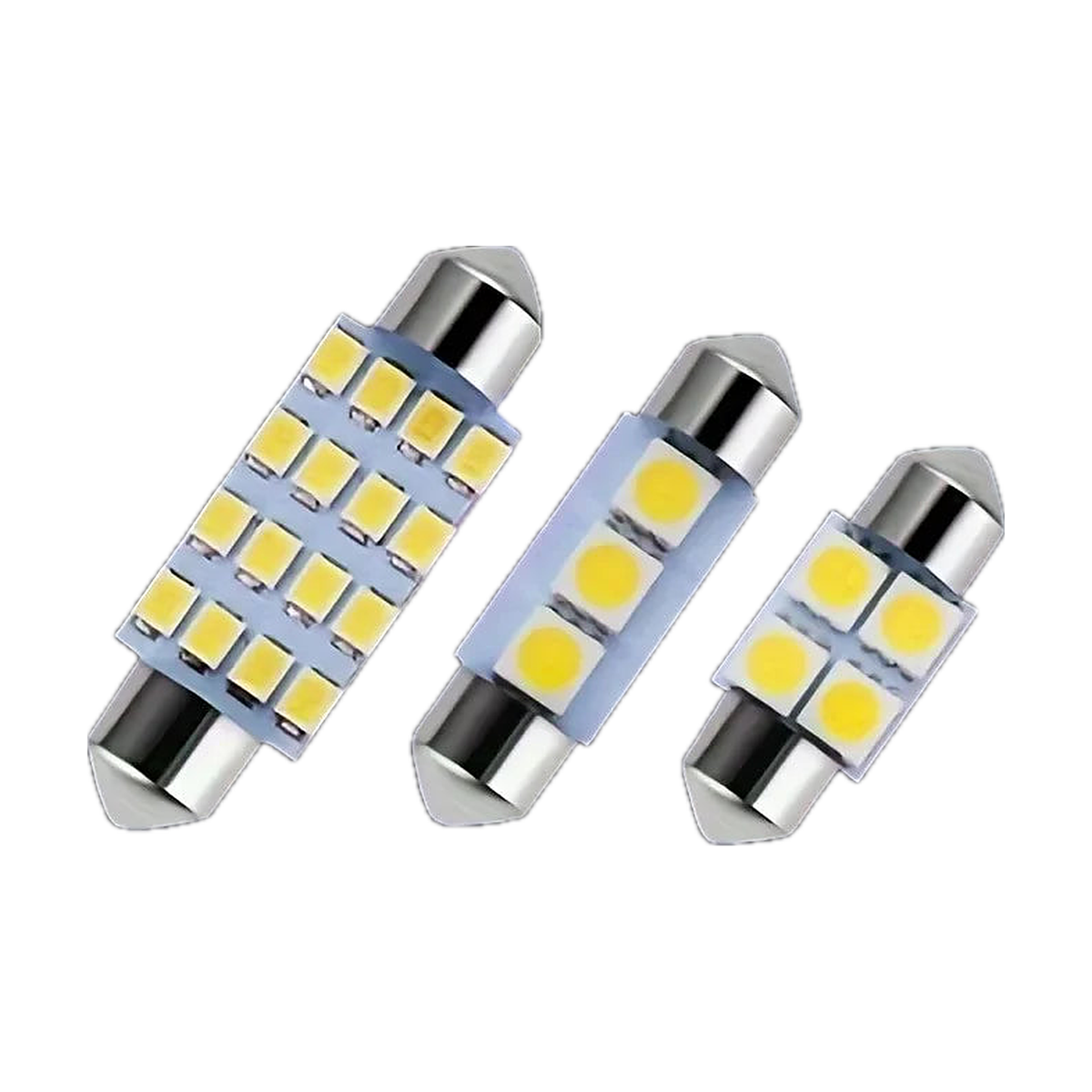 Three white LED festoon dome bulbs in 41mm, 36mm and 31mm sizes, for BMW E53 / E60 / E90