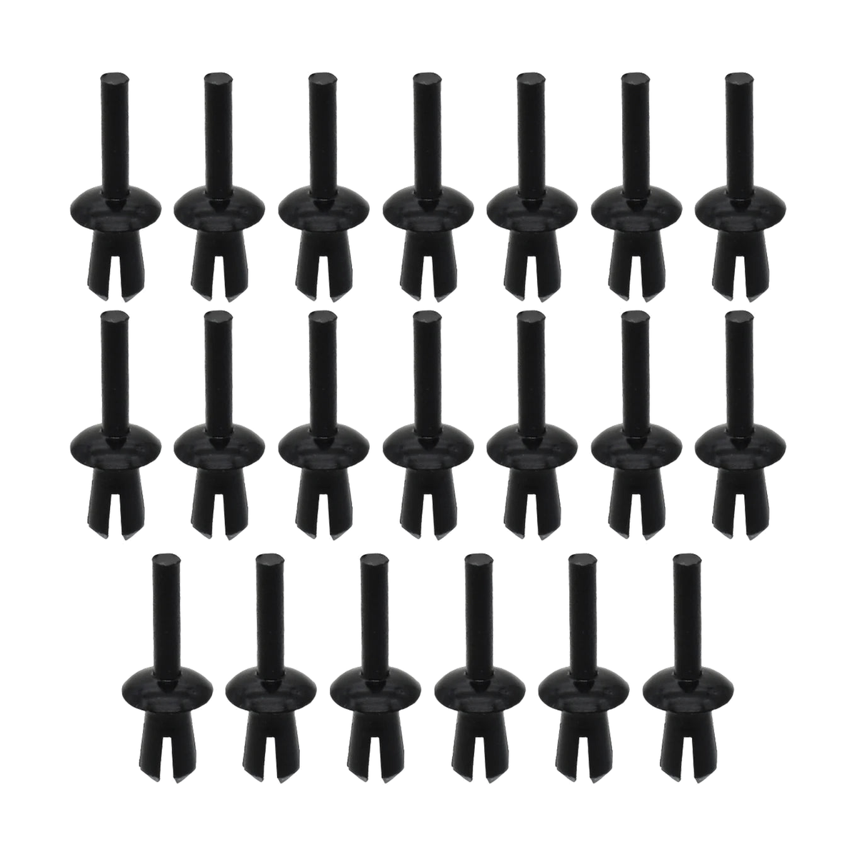 Set of 20 black plastic push rivet clips for wheel arch liners, front view, for BMW E46, E90, F30, F10