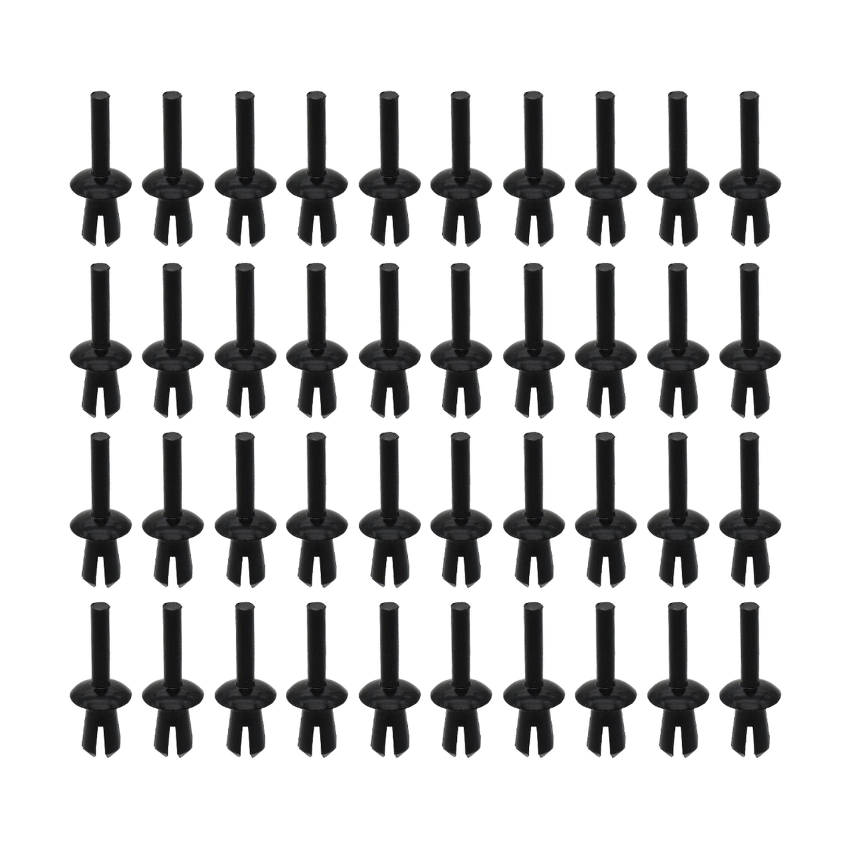 Set of 40 black push rivet wheel arch liner clips laid out in rows, for BMW E46, E90, F30, F10
