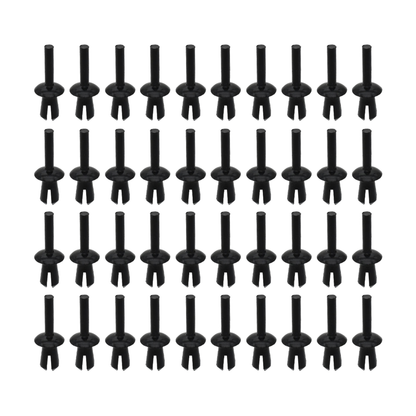 Set of 40 black push rivet wheel arch liner clips laid out in rows, for BMW E46, E90, F30, F10