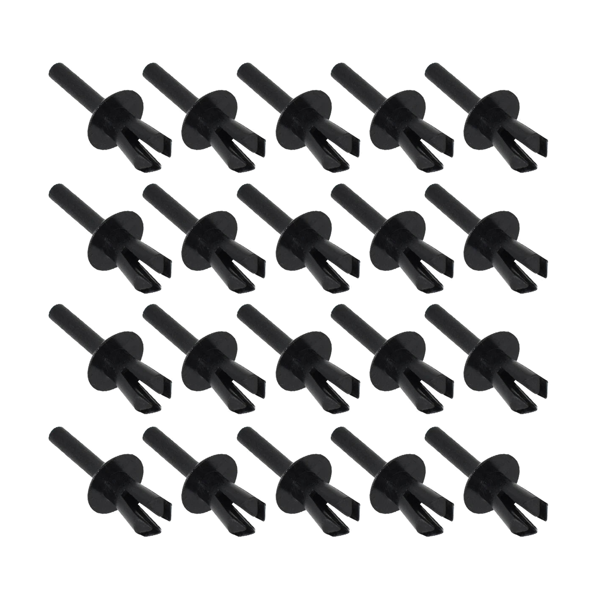 20 black push rivet clips at an angle showing the head and split legs, for BMW E46, E90, F30, F10