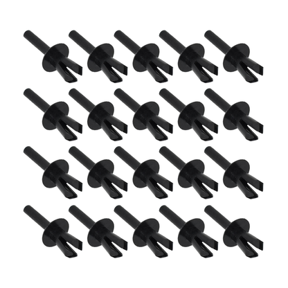 20 black push rivet clips at an angle showing the head and split legs, for BMW E46, E90, F30, F10