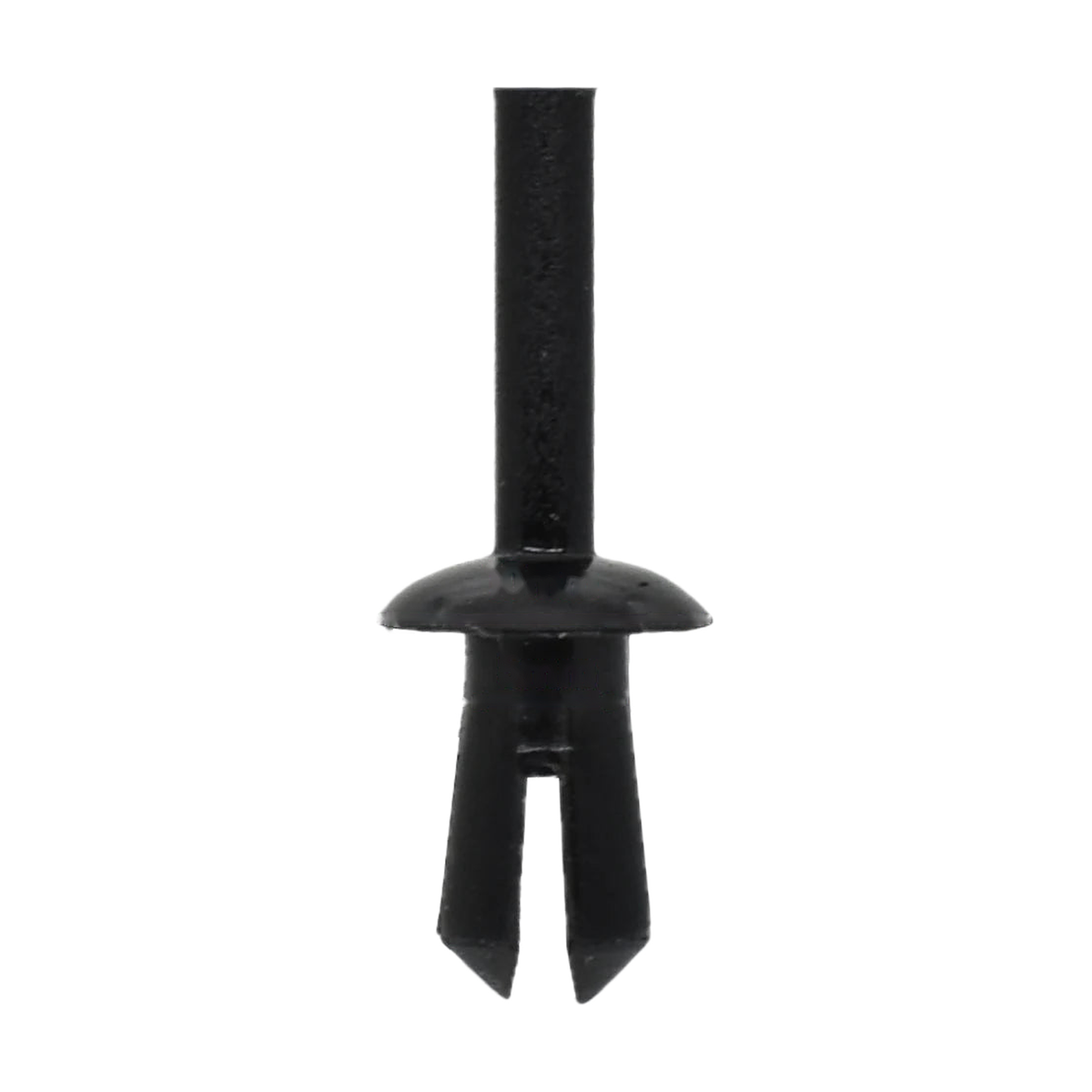 Single black push rivet clip, side view of pin, head and split legs, for BMW E46, E90, F30, F10