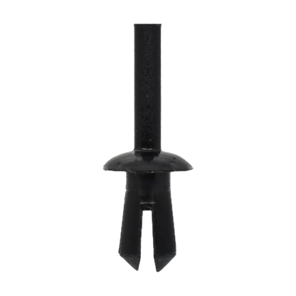 Single black push rivet clip, side view of pin, head and split legs, for BMW E46, E90, F30, F10